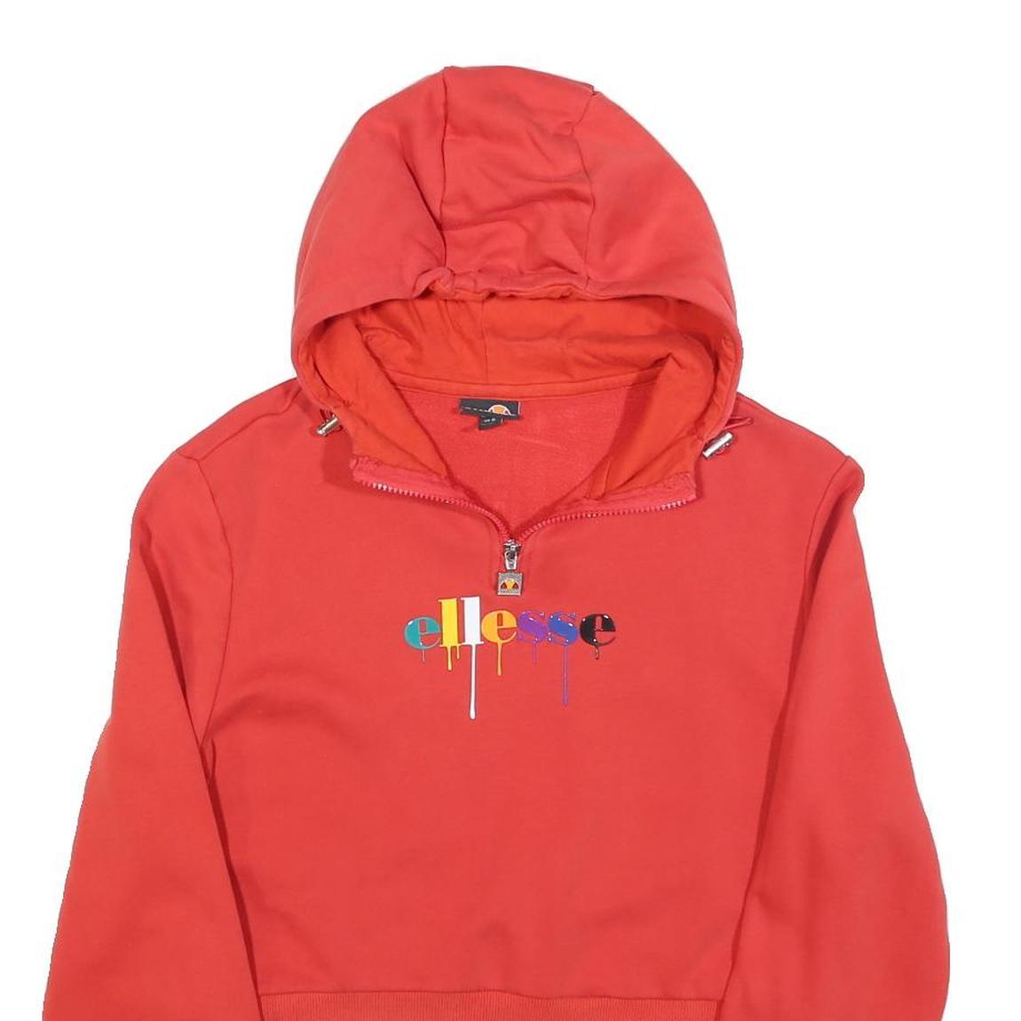 ELLESSE Womens Red Multi Colour Logo ¼ Zip Hoodie UK 10 Cotton Blend Cropped