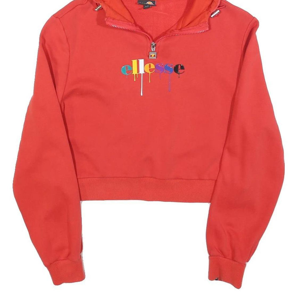 ELLESSE Womens Red Multi Colour Logo ¼ Zip Hoodie UK 10 Cotton Blend Cropped