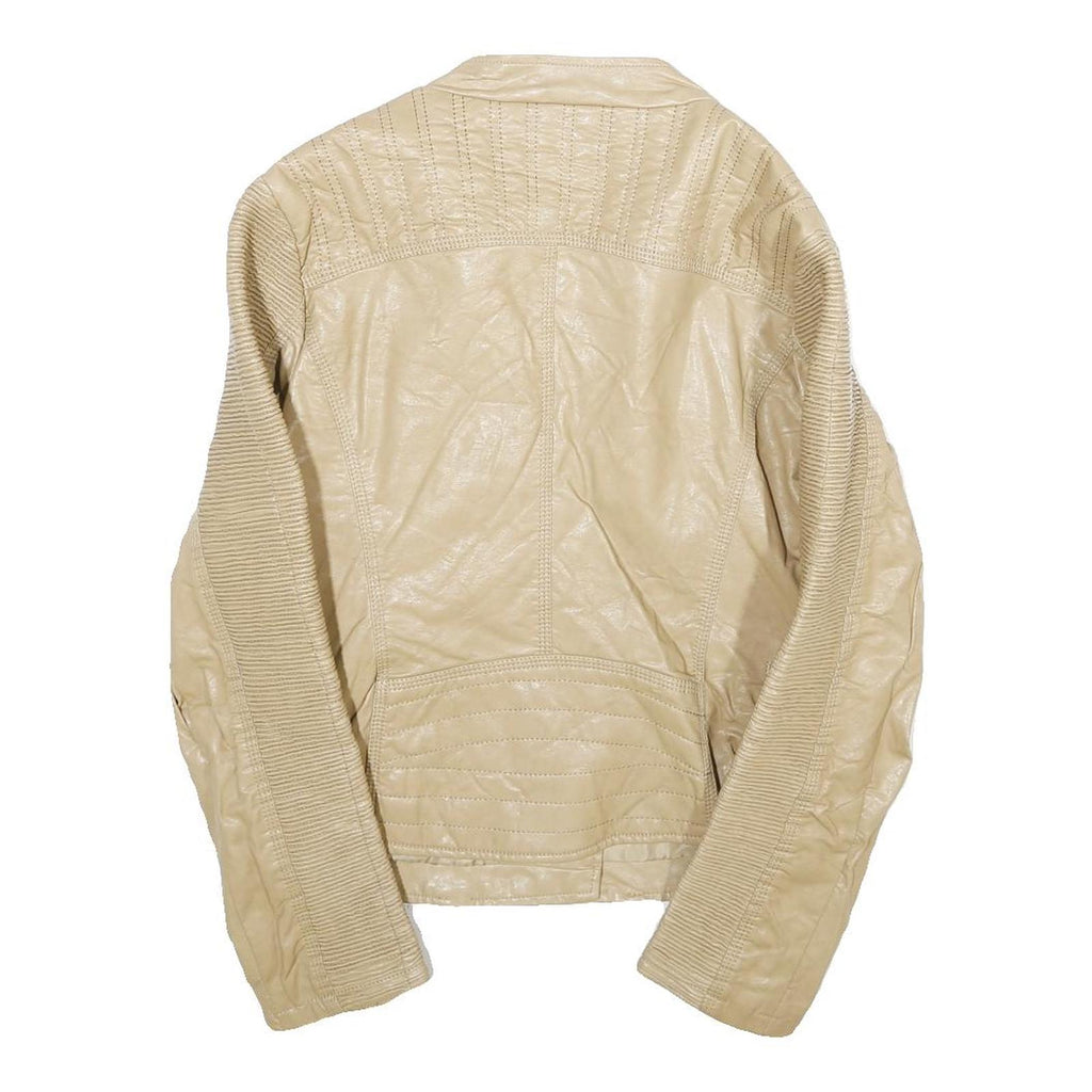 TOUT TOUT Womens Beige Faux Leather Moto Jacket L Zip Biker Slim Fit Stylish