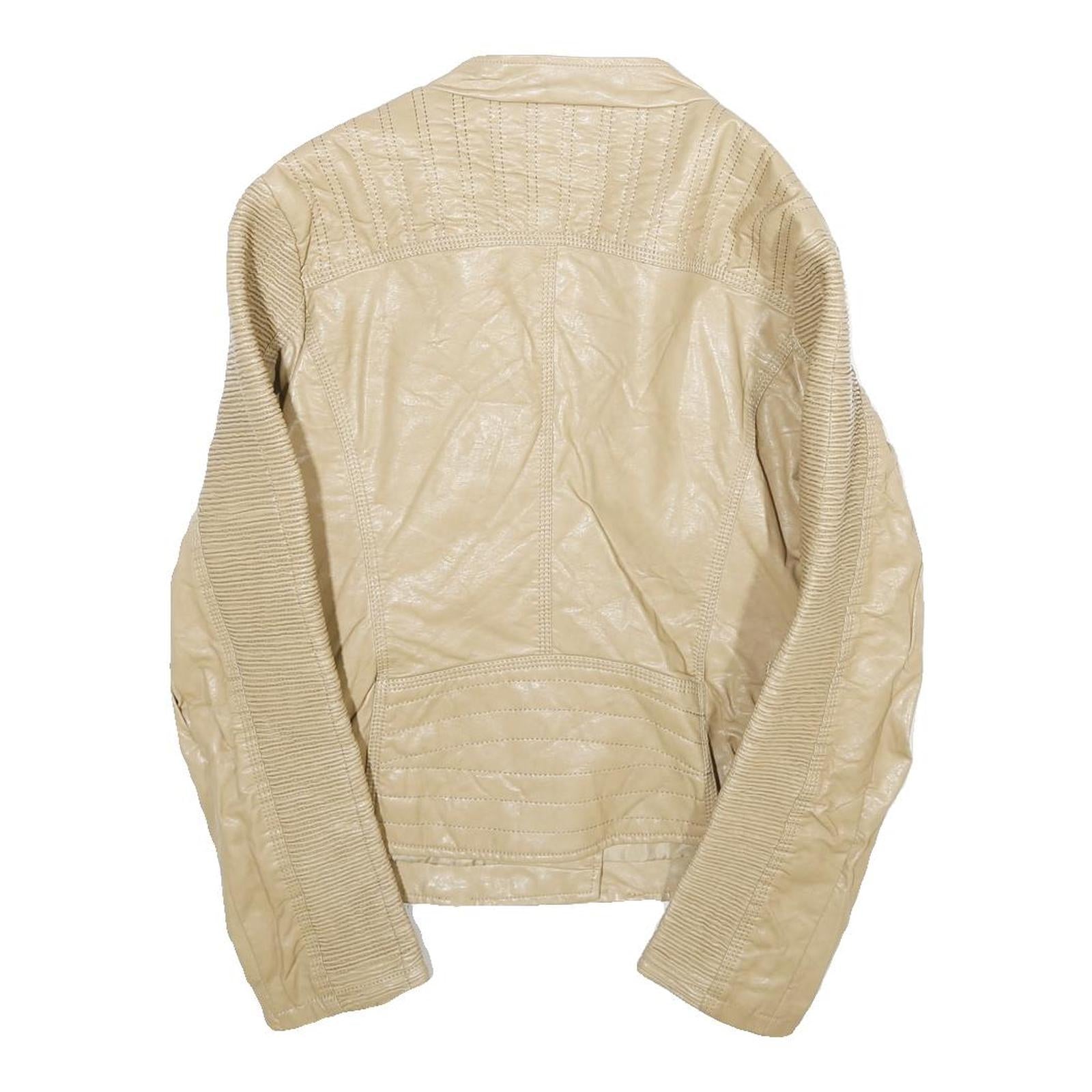 TOUT TOUT Womens Beige Faux Leather Moto Jacket L Zip Biker Slim Fit Stylish