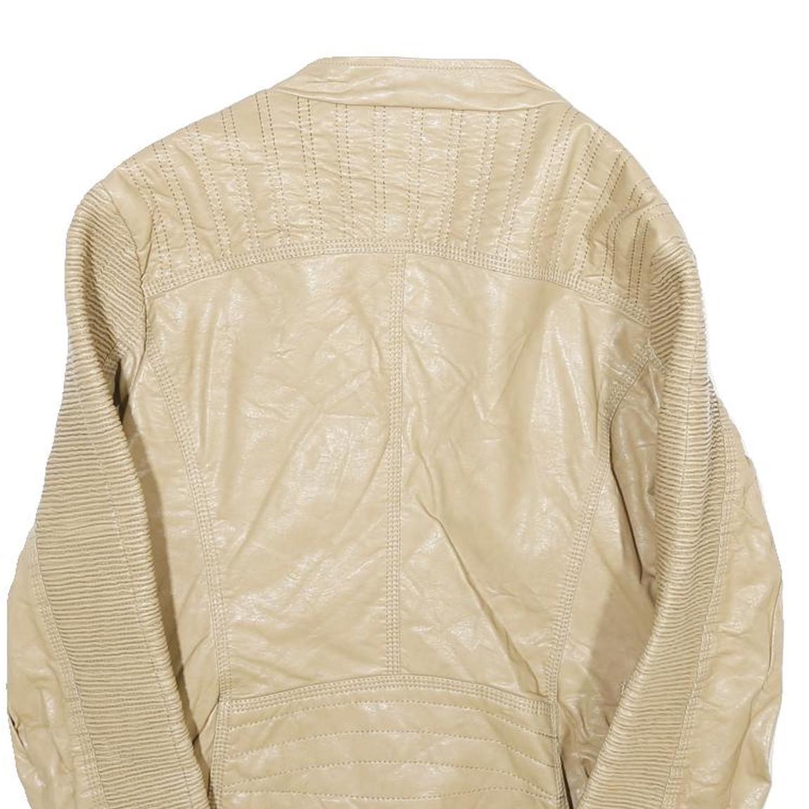 TOUT TOUT Womens Beige Faux Leather Moto Jacket L Zip Biker Slim Fit Stylish