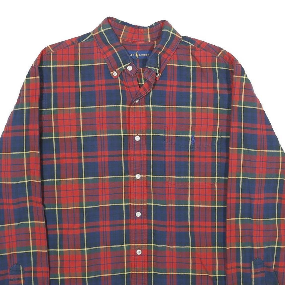 RALPH LAUREN Mens Red & Navy Check Shirt L Button-Down Collar Cotton Casual