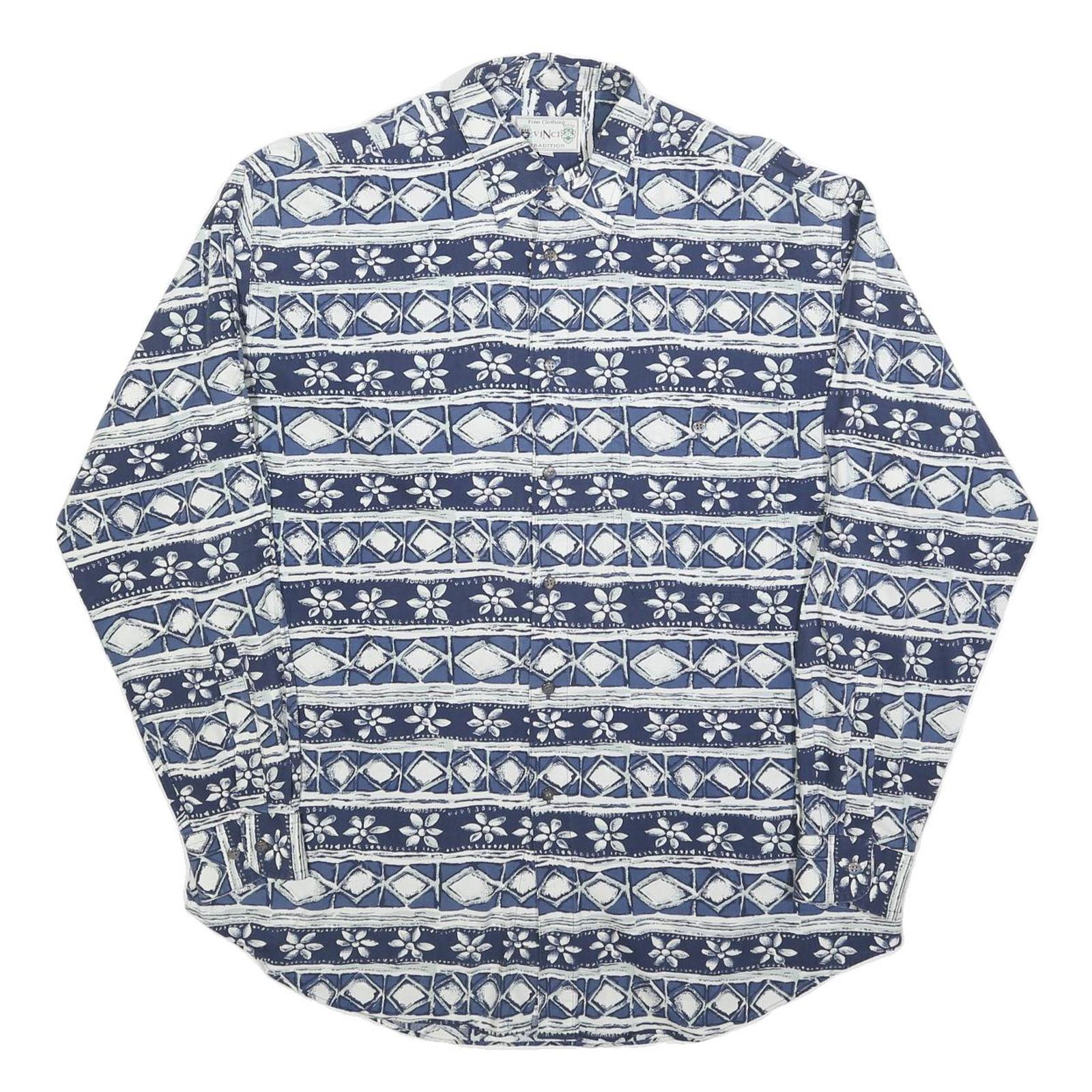 VINCI Mens Blue & White Pattern Shirt M Cotton Blend Long Sleeve Casual