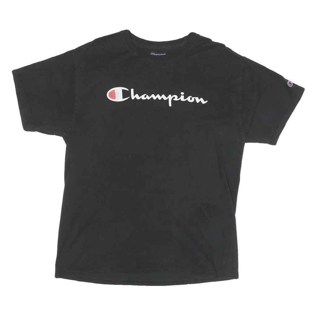 CHAMPION Mens Black L Graphic T-Shirt Short Sleeve Crew Neck Logo Cotton Blend
