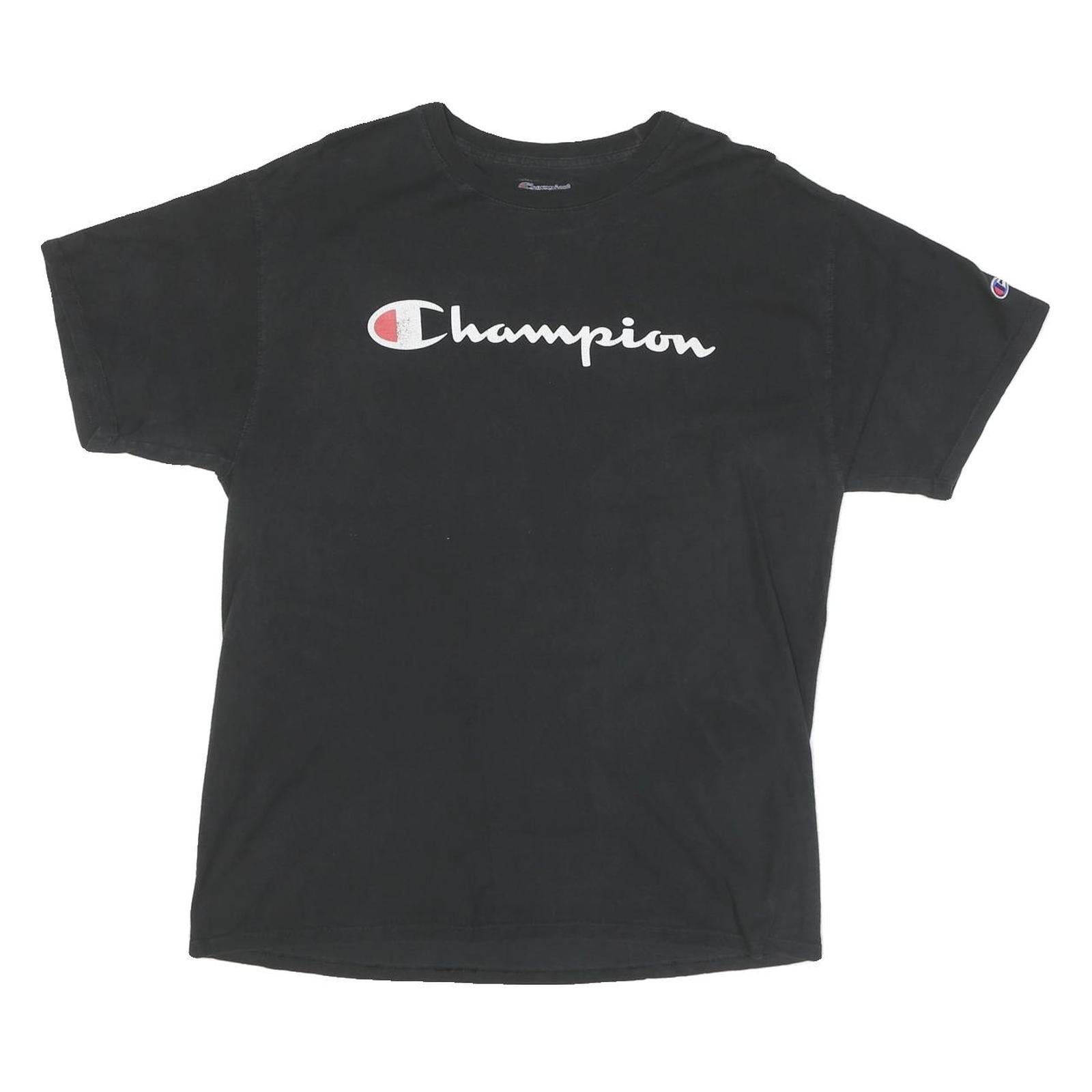 CHAMPION Mens Black L Graphic T-Shirt Short Sleeve Crew Neck Logo Cotton Blend