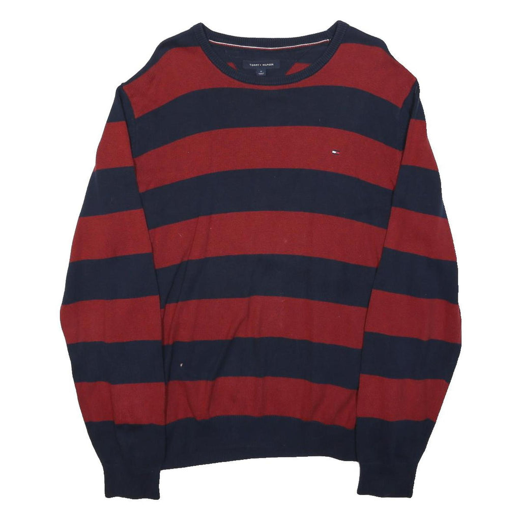 TOMMY HILFIGER Mens Red & Navy Plain Jumper Crew Neck Basic Knit M Casual Cotton
