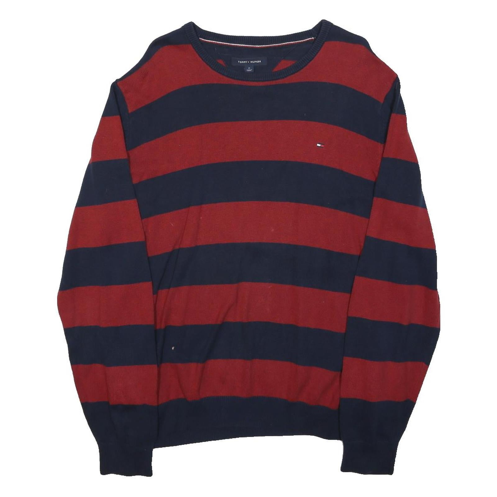 TOMMY HILFIGER Mens Red & Navy Plain Jumper Crew Neck Basic Knit M Casual Cotton