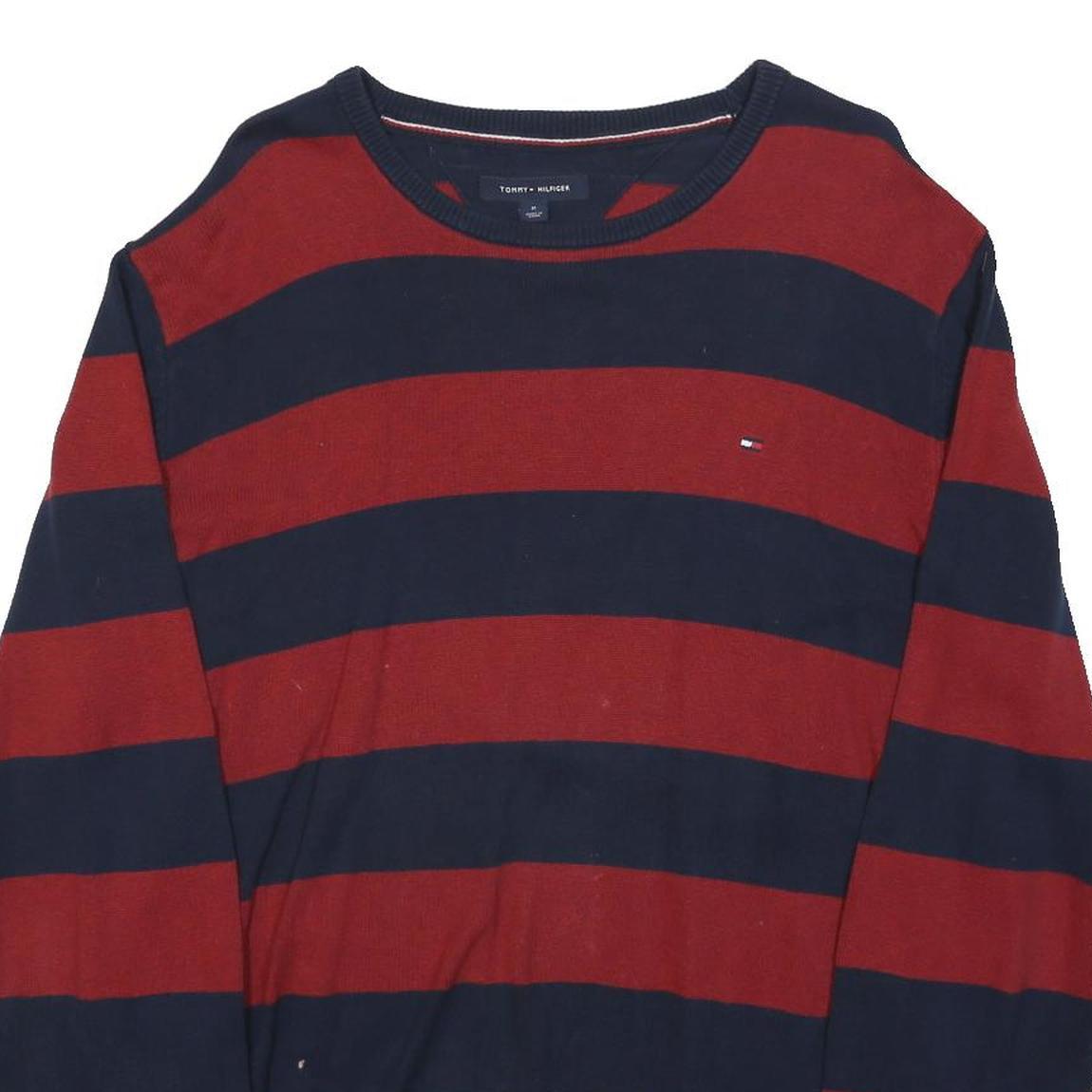 TOMMY HILFIGER Mens Red & Navy Plain Jumper Crew Neck Basic Knit M Casual Cotton