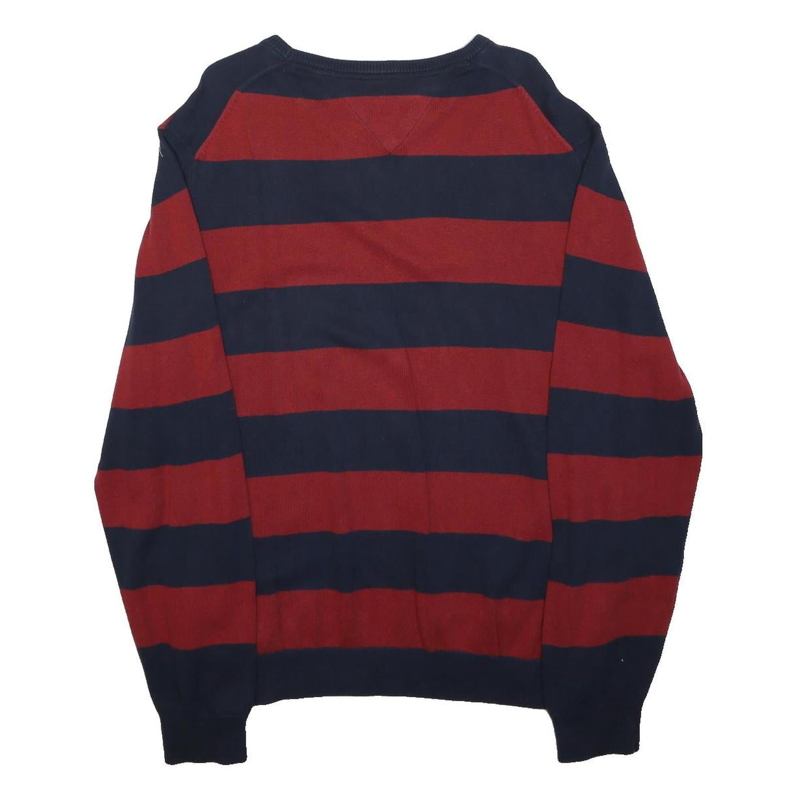 TOMMY HILFIGER Mens Red & Navy Plain Jumper Crew Neck Basic Knit M Casual Cotton