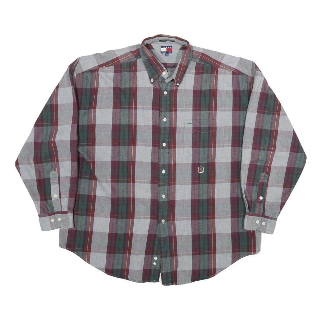 TOMMY HILFIGER Mens Grey & Maroon Check Shirt L Button Down Casual Cotton