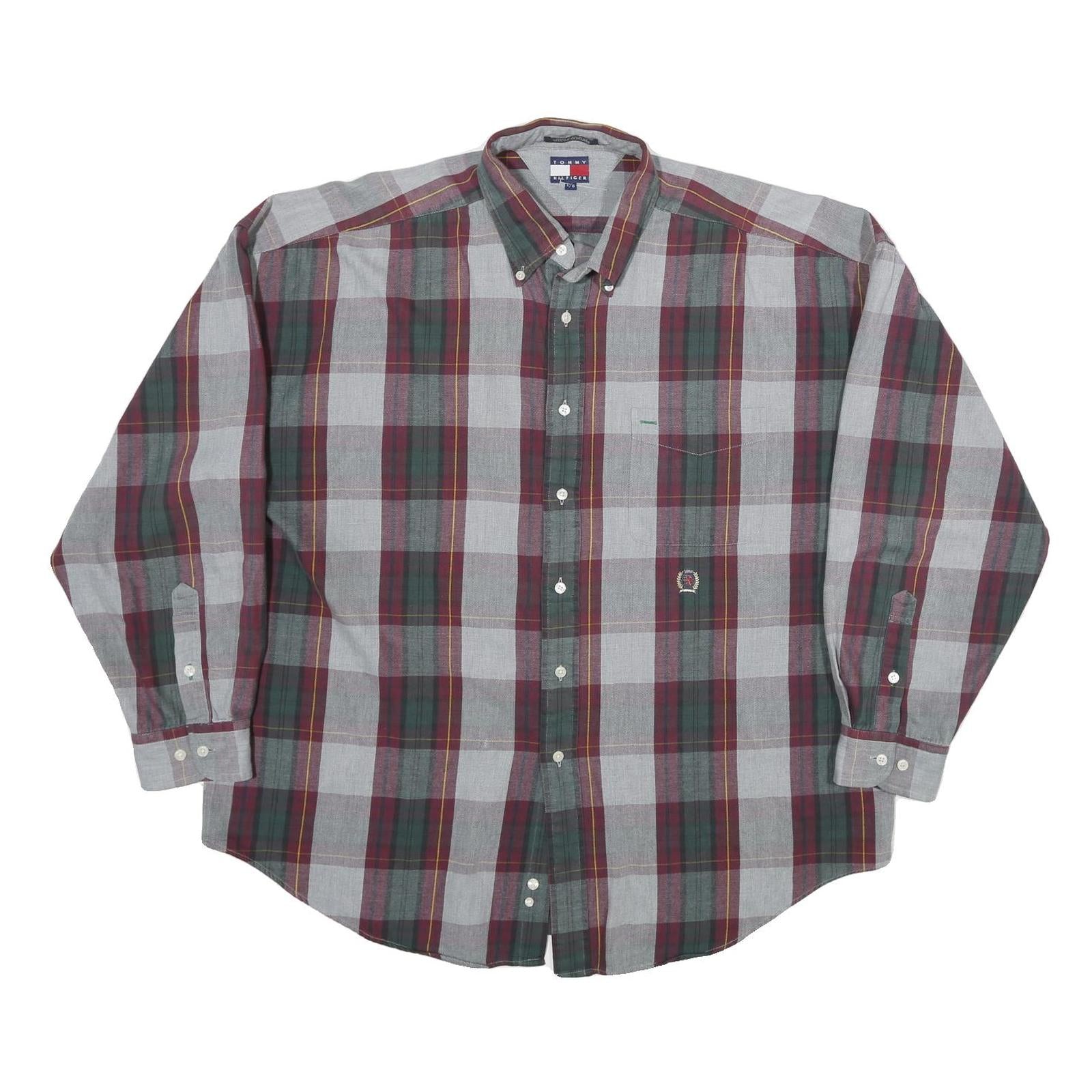 TOMMY HILFIGER Mens Grey & Maroon Check Shirt L Button Down Casual Cotton