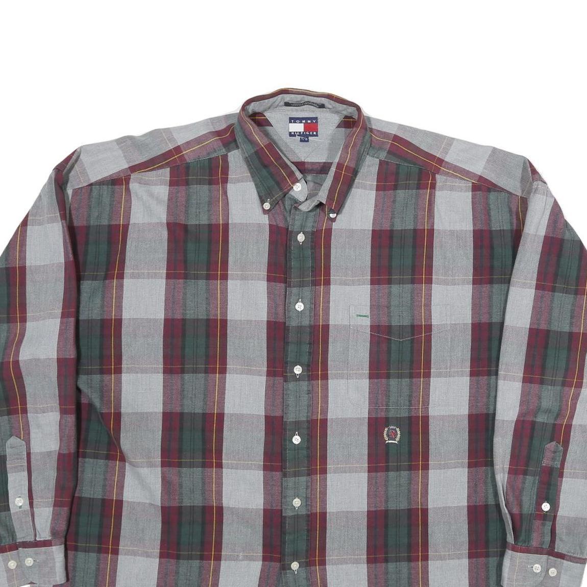 TOMMY HILFIGER Mens Grey & Maroon Check Shirt L Button Down Casual Cotton