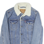 LEVI'S Mens Blue Denim Sherpa Collar Jacket S Cotton Button Plain Classic