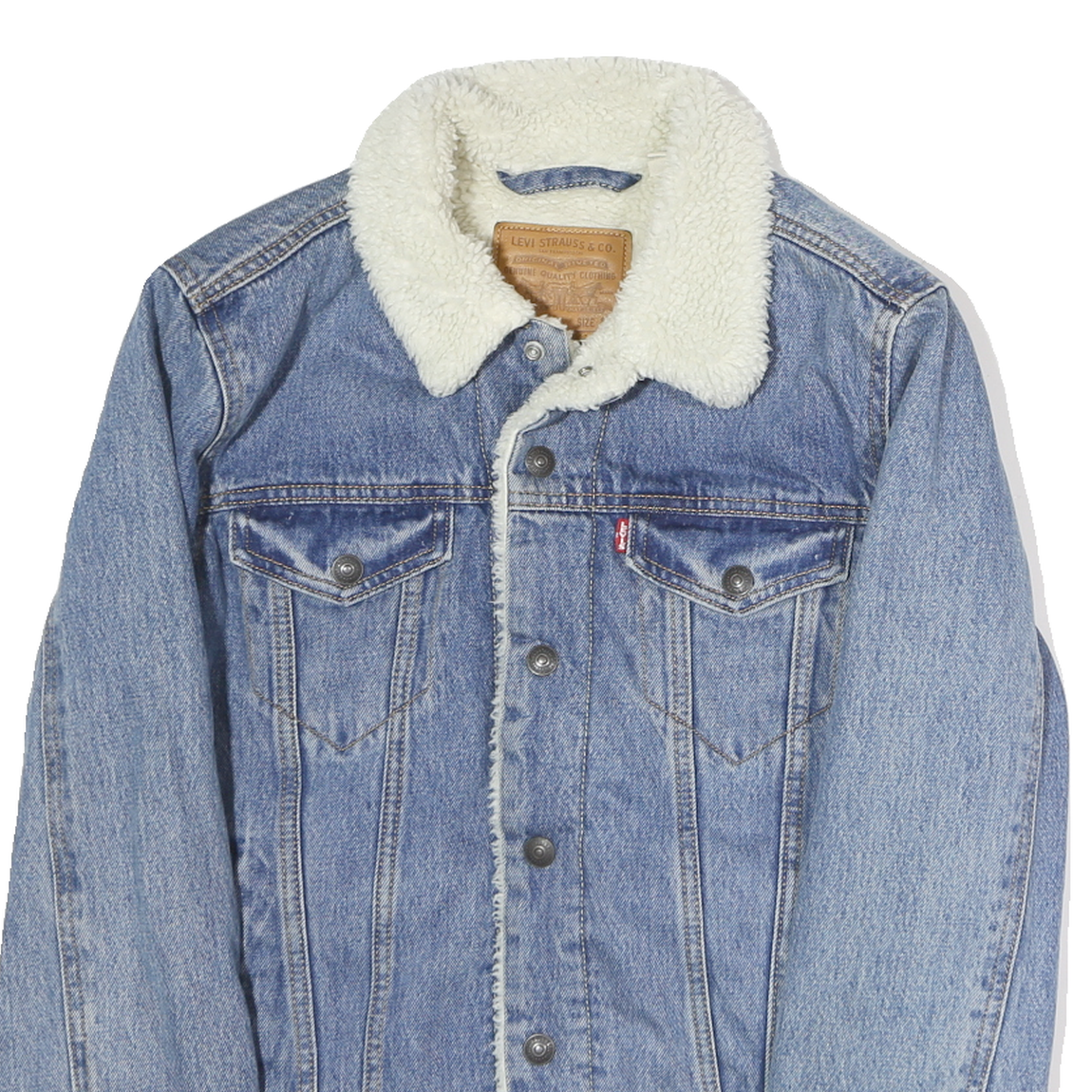 LEVI'S Mens Blue Denim Sherpa Collar Jacket S Cotton Button Plain Classic