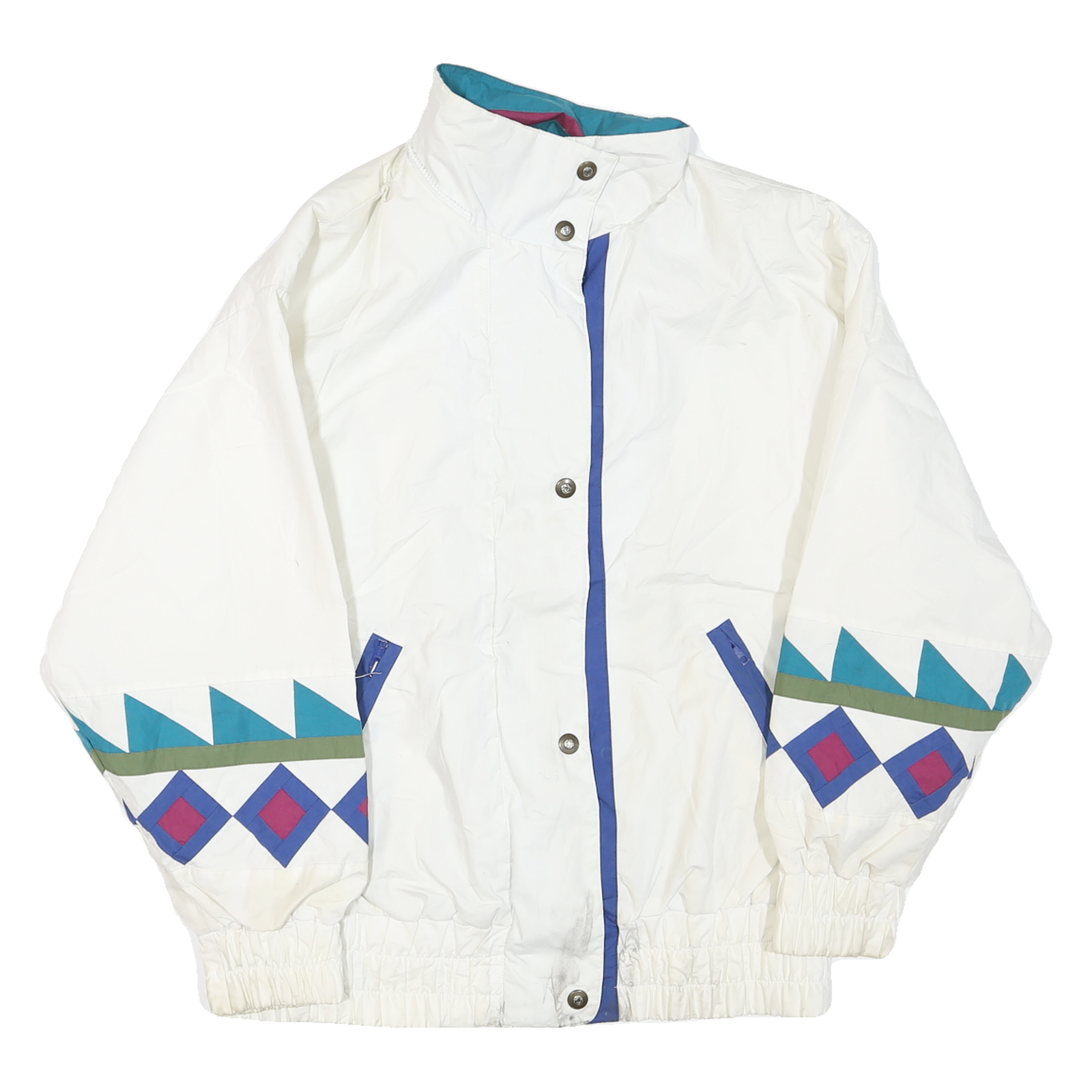 Womens White Blue Turquoise & Purple Geometric Pattern Zip Jacket XL Polyester