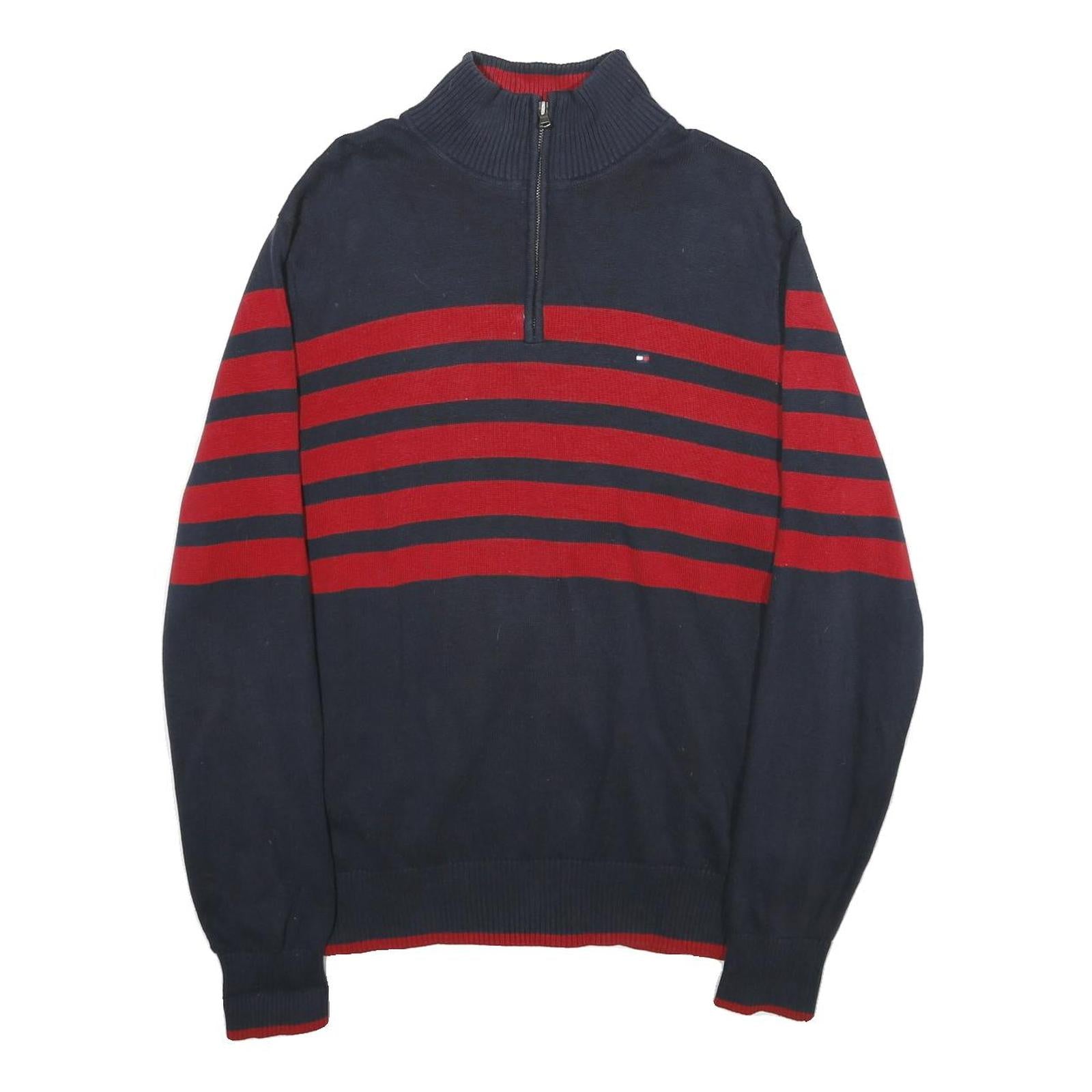 TOMMY HILFIGER Mens Blue & Red Patterned Pullover Jumper Crew Neck Cotton L