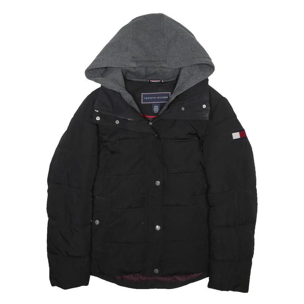 TOMMY HILFIGER Womens Black & Grey Hooded Puffer Jacket S Polyester Zip