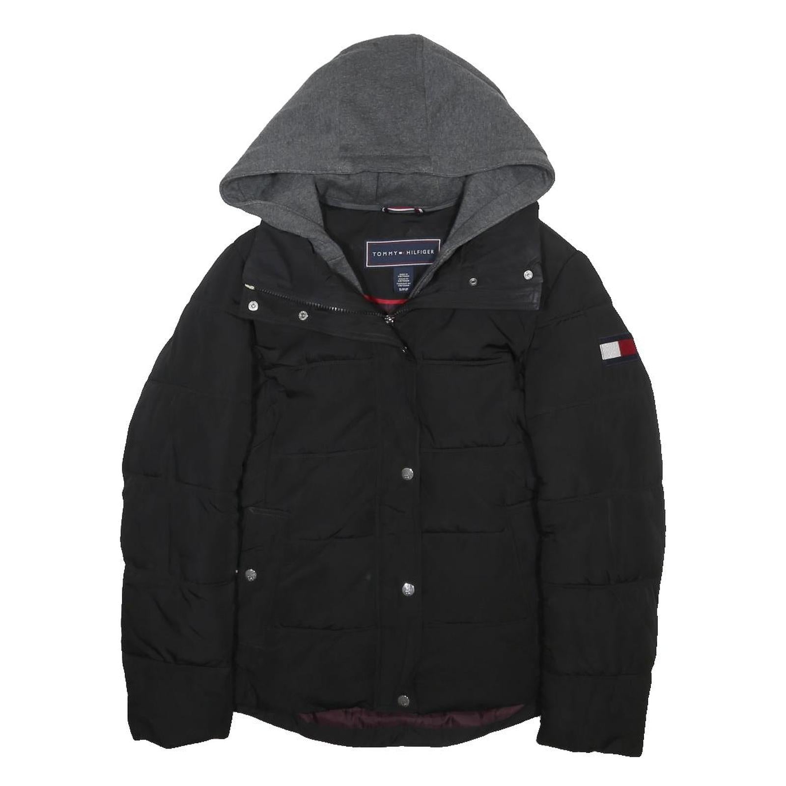 TOMMY HILFIGER Womens Black & Grey Hooded Puffer Jacket S Polyester Zip