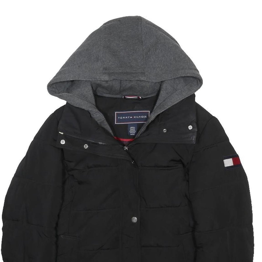 TOMMY HILFIGER Womens Black & Grey Hooded Puffer Jacket S Polyester Zip