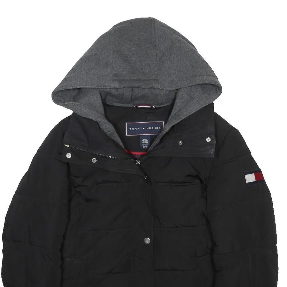TOMMY HILFIGER Womens Black & Grey Hooded Puffer Jacket S Polyester Zip