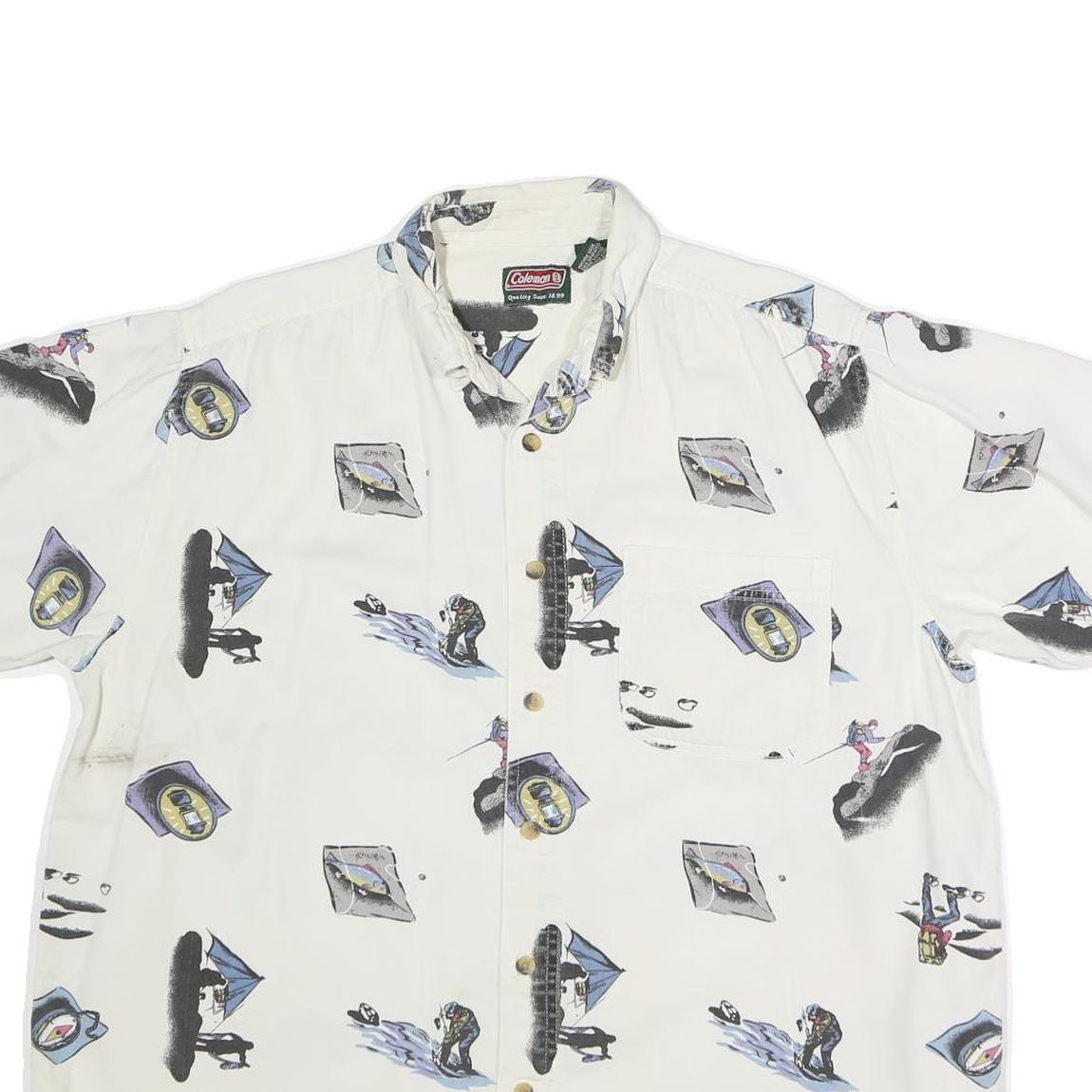 COLEMAN Mens White Cotton Casual Shirt L Printed Camping Outdoors