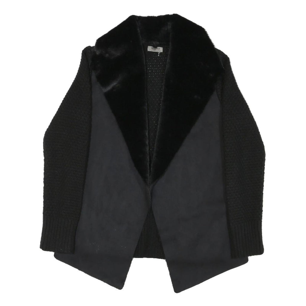 MALVIN Womens Black Cotton Blend Knit Jacket S Faux Fur Collar Open Front