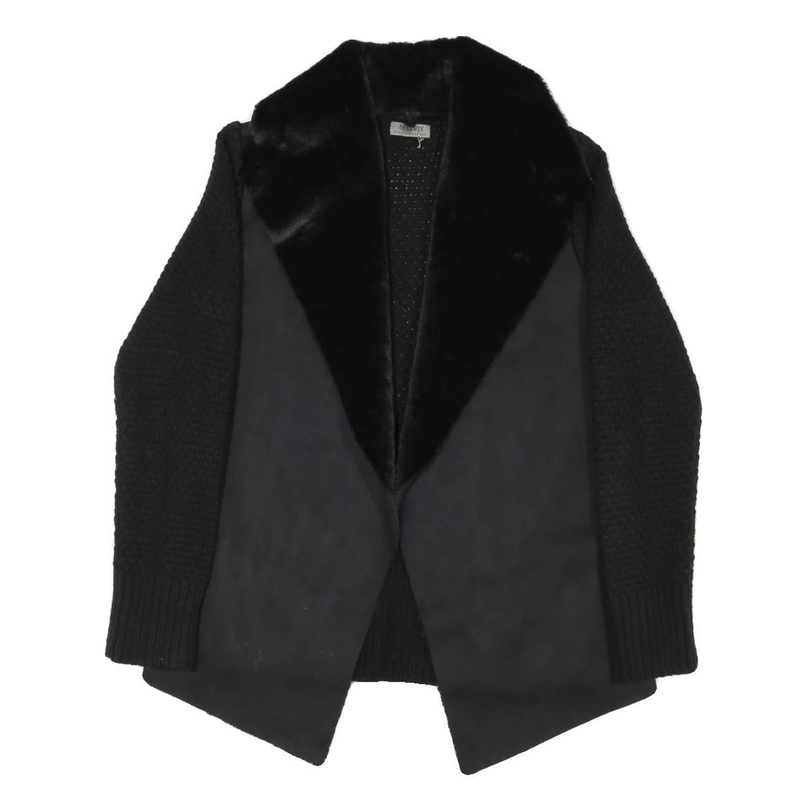 MALVIN Womens Black Cotton Blend Knit Jacket S Faux Fur Collar Open Front