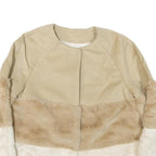 STRADIVARIUS Womens Beige Faux Fur Colourblock Jacket S Synthetic Button Closure