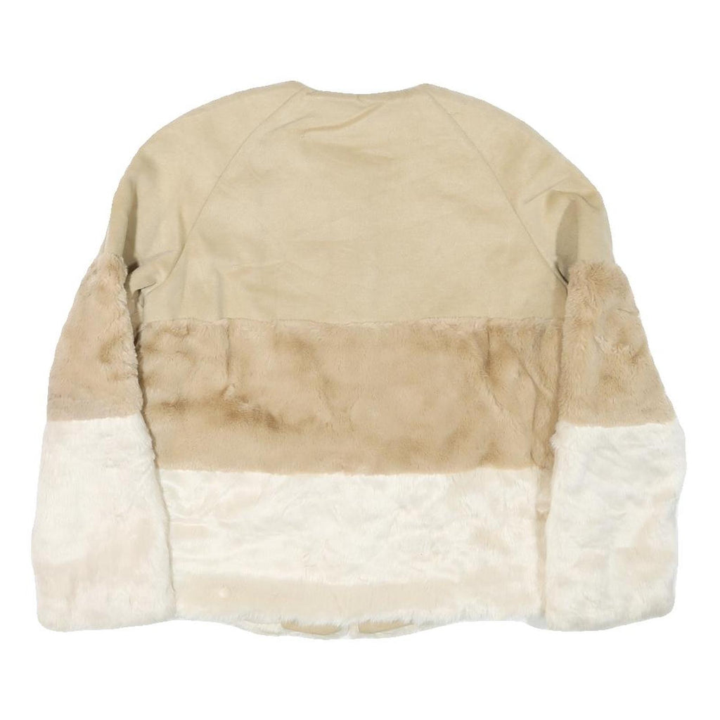 STRADIVARIUS Womens Beige Faux Fur Colourblock Jacket S Synthetic Button Closure