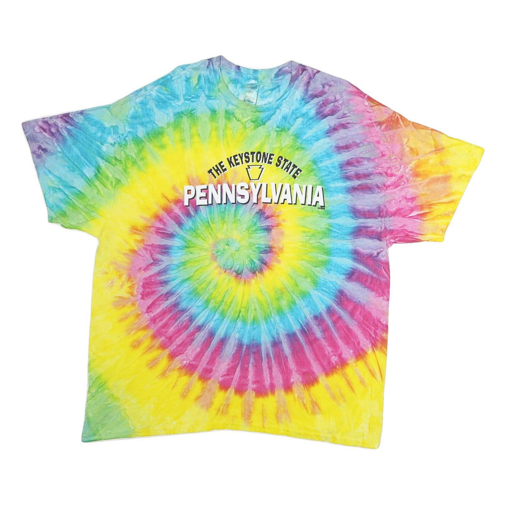 COLORTONE Mens Yellow & Blue Tie Dye Pennsylvania Graphic T-Shirt 2XL Short