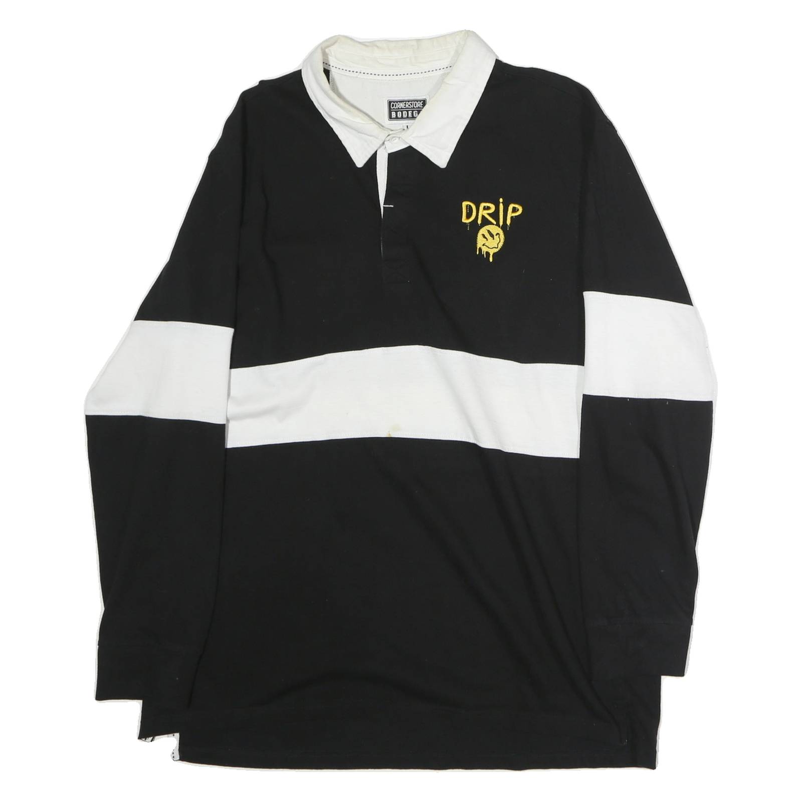 CORNERSTORE BODEGA Mens Black & White Smiley Long Sleeve Cotton Polo Shirt L