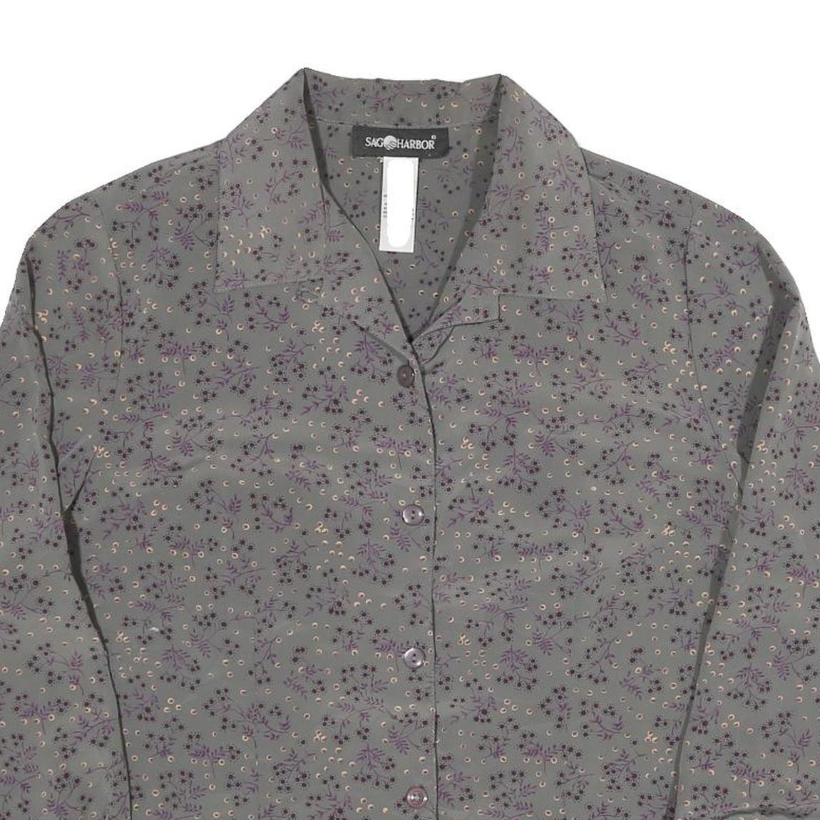 SAG HARBOUR Womens Grey Purple Floral Printed Shirt Long Sleeve Collared M