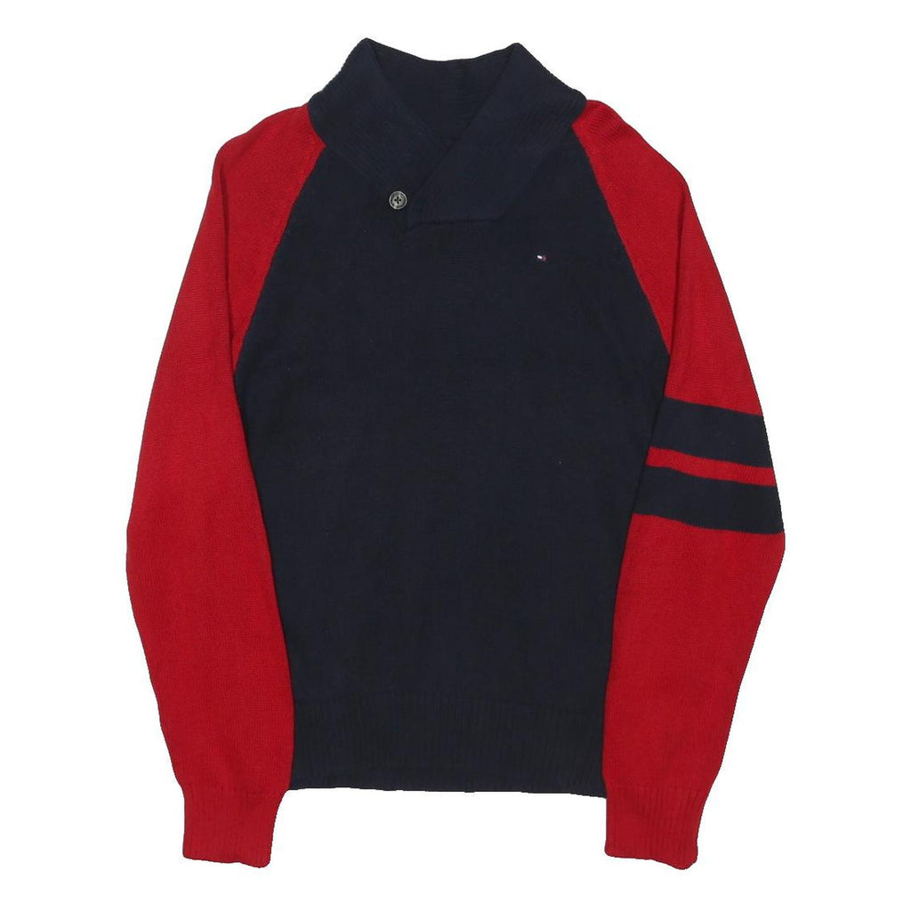 TOMMY HILFIGER Womens Navy & Red Jumper Patterned Button Neck Rib Knit UK 16