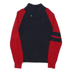 TOMMY HILFIGER Womens Navy & Red Jumper Patterned Button Neck Rib Knit UK 16