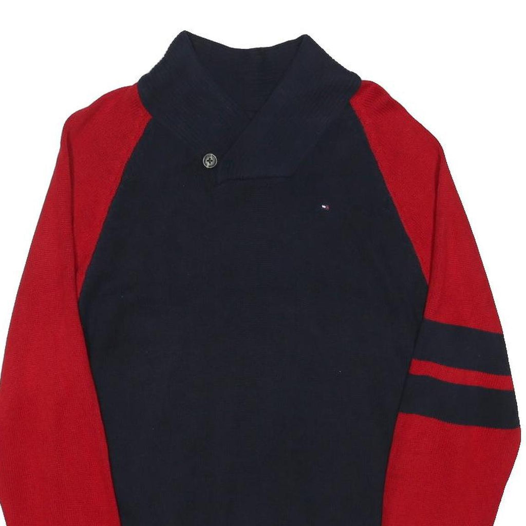 TOMMY HILFIGER Womens Navy & Red Jumper Patterned Button Neck Rib Knit UK 16