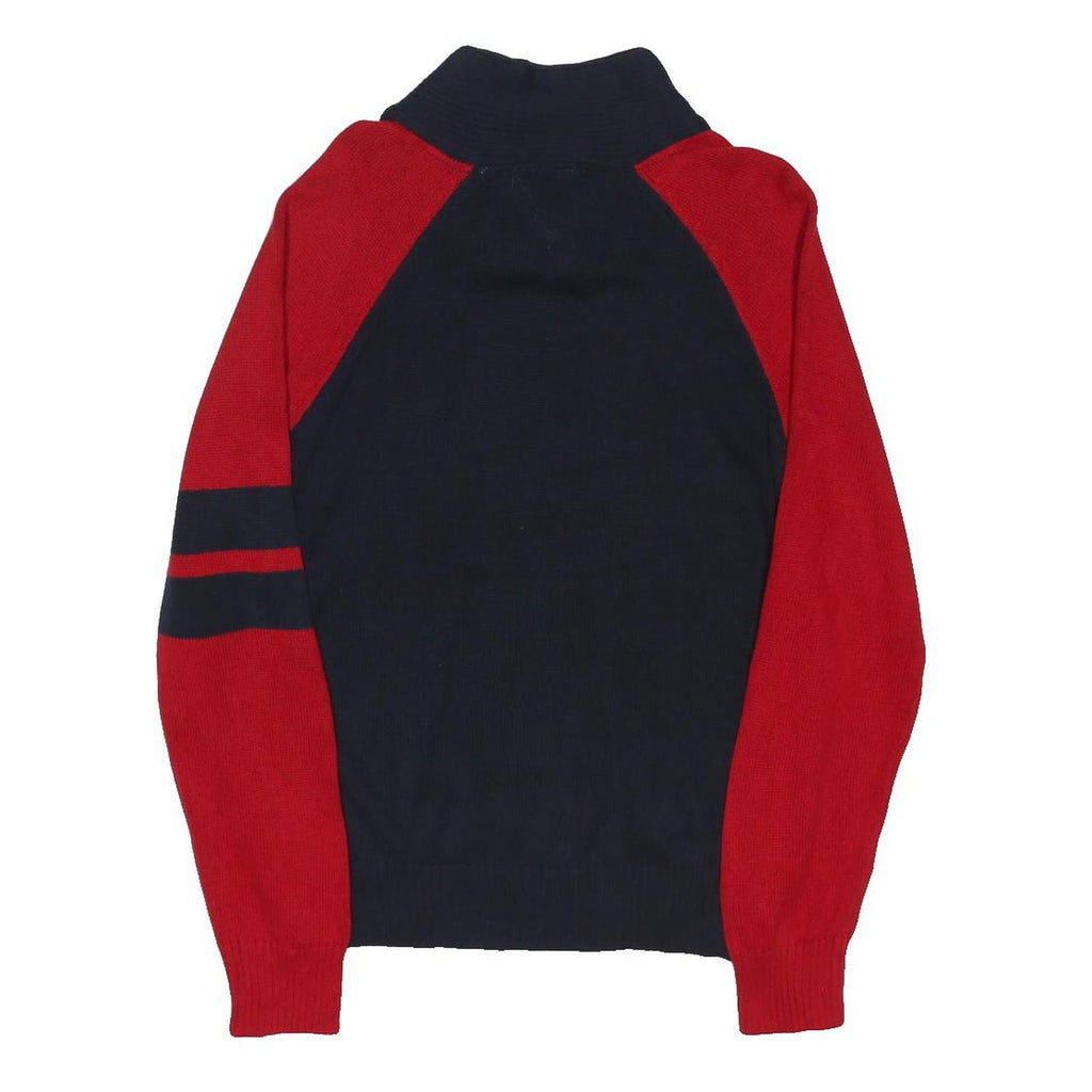 TOMMY HILFIGER Womens Navy & Red Jumper Patterned Button Neck Rib Knit UK 16