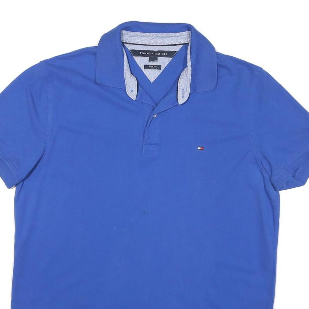 TOMMY HILFIGER Mens Blue Short Sleeve Plain Polo Shirt L Cotton Blend Casual