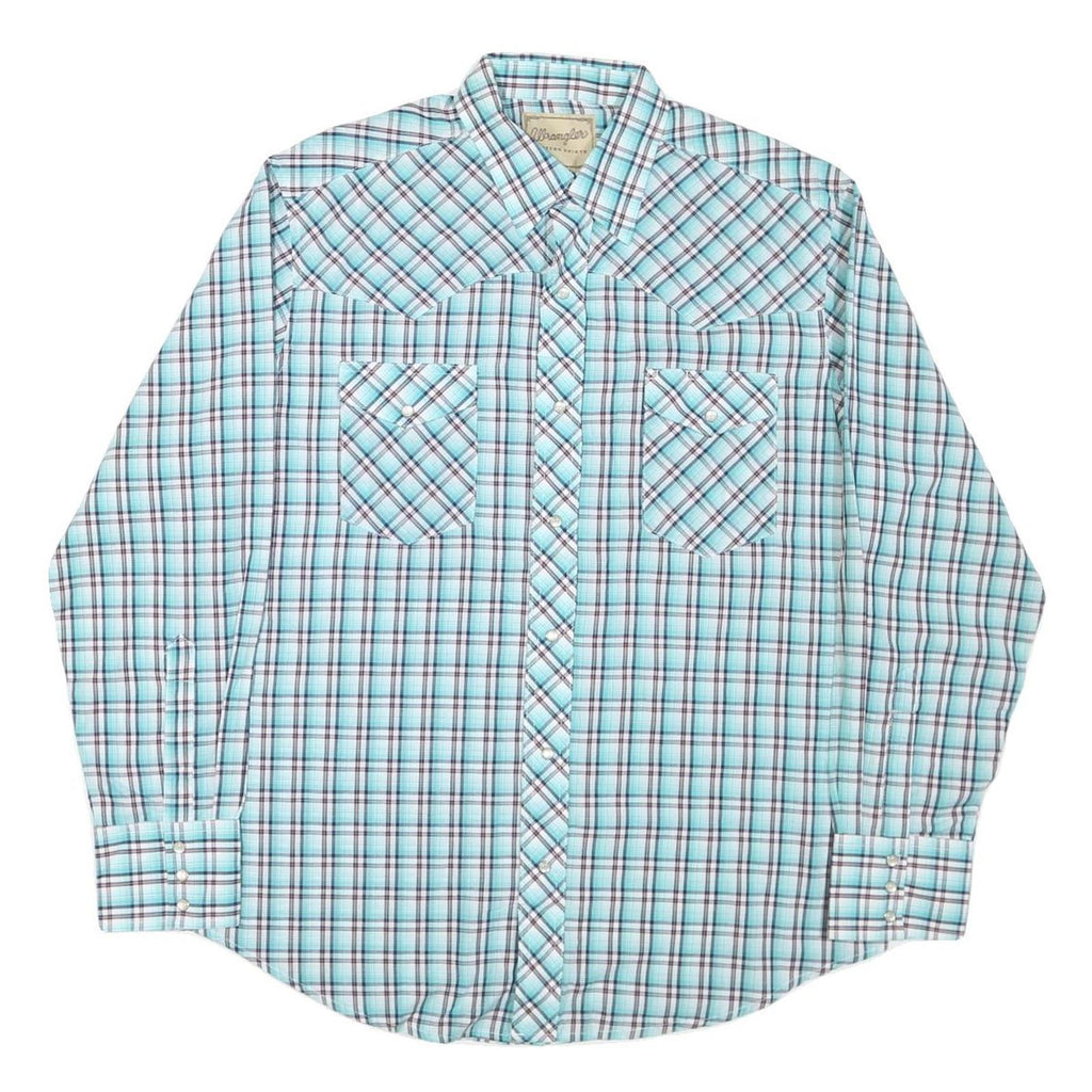 WRANGLER Mens Blue & White Check Western Shirt L Long Sleeve Cotton Blend