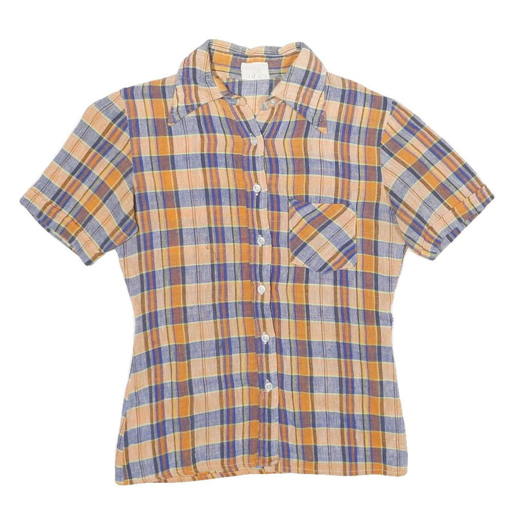 Womens Beige & Blue Check Shirt S Summer Casual Short Sleeve Cotton Blend