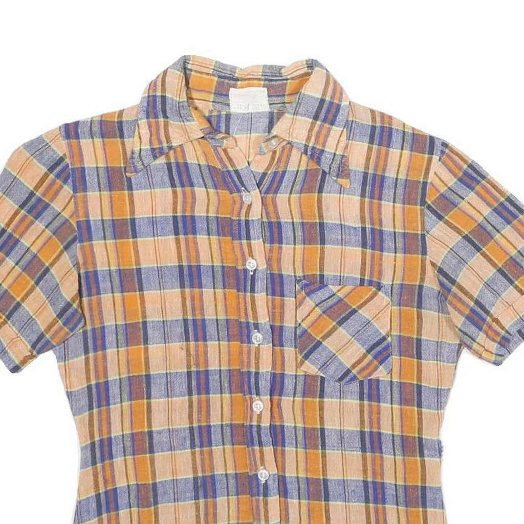 Womens Beige & Blue Check Shirt S Summer Casual Short Sleeve Cotton Blend