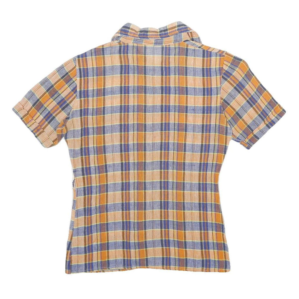 Womens Beige & Blue Check Shirt S Summer Casual Short Sleeve Cotton Blend