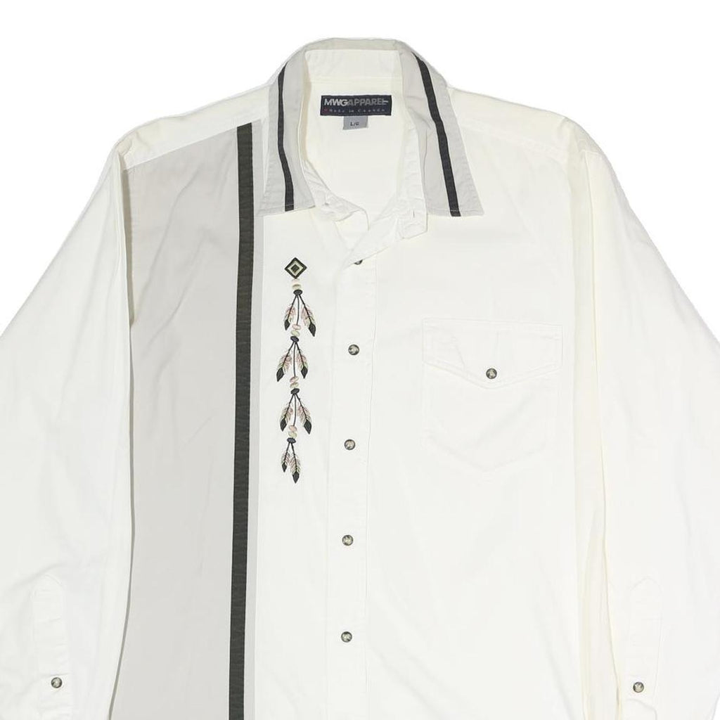 MWGAPPARREL Mens White Cotton Shirt L Embroidered Western Style Button