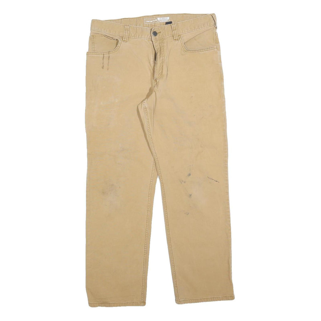 CARHARTT Mens Beige Relaxed Straight Trousers W32 L30 Cotton Blend Workwear Zip