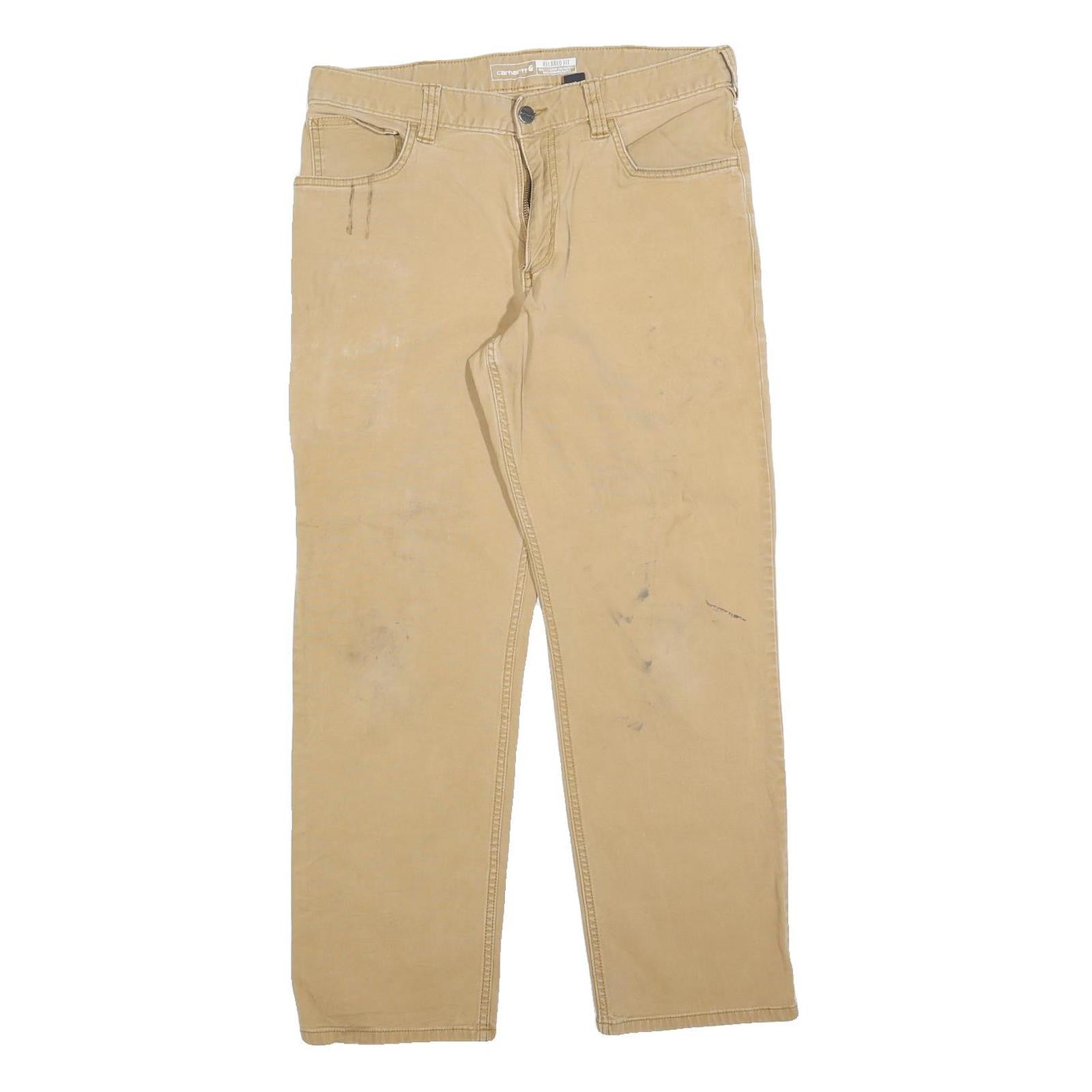 CARHARTT Mens Beige Relaxed Straight Trousers W32 L30 Cotton Blend Workwear Zip