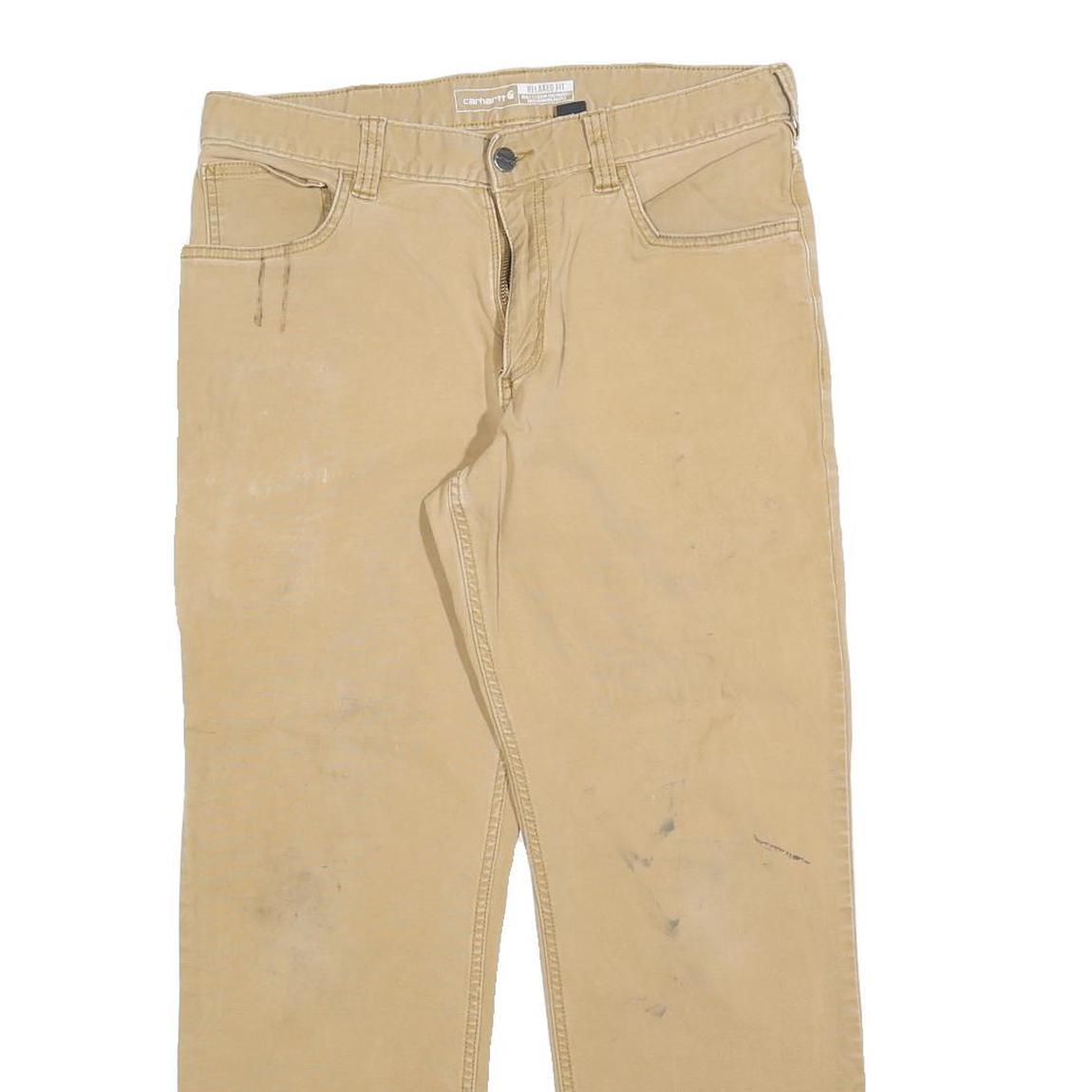 CARHARTT Mens Beige Relaxed Straight Trousers W32 L30 Cotton Blend Workwear Zip