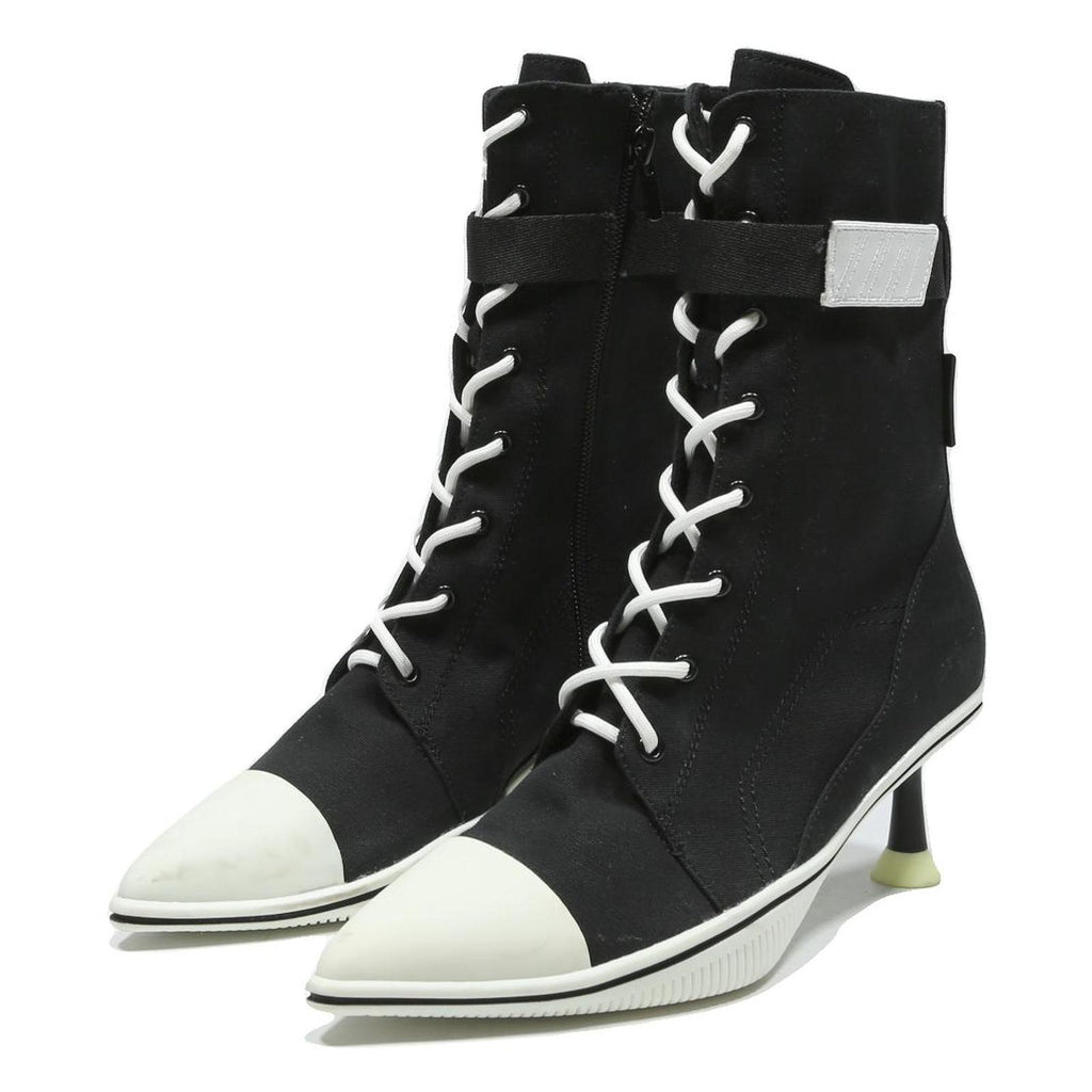 CHARLES & KEITH Womens Black Canvas Lace-Up Ankle Boots UK 2 Kitten Heel