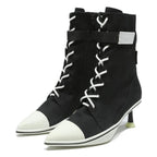 CHARLES & KEITH Womens Black Canvas Lace-Up Ankle Boots UK 2 Kitten Heel
