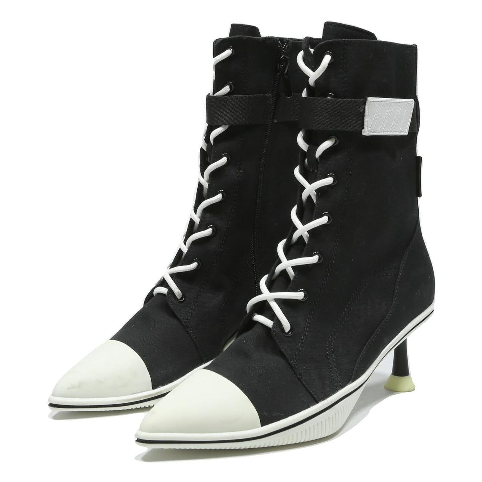 CHARLES & KEITH Womens Black Canvas Lace-Up Ankle Boots UK 2 Kitten Heel