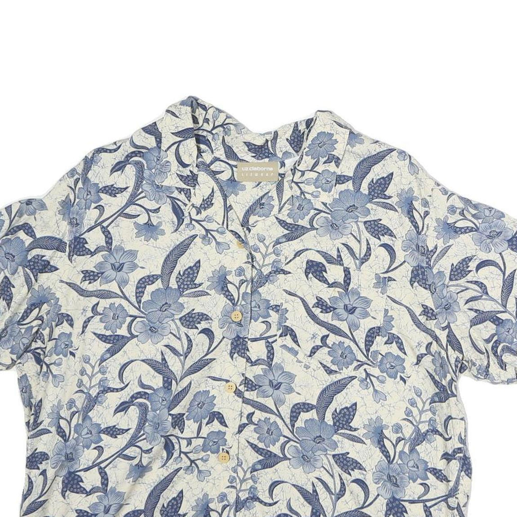 LIZ CLAIRBORNE Womens White & Blue Floral Cotton Blend Shirt M Summer Casual