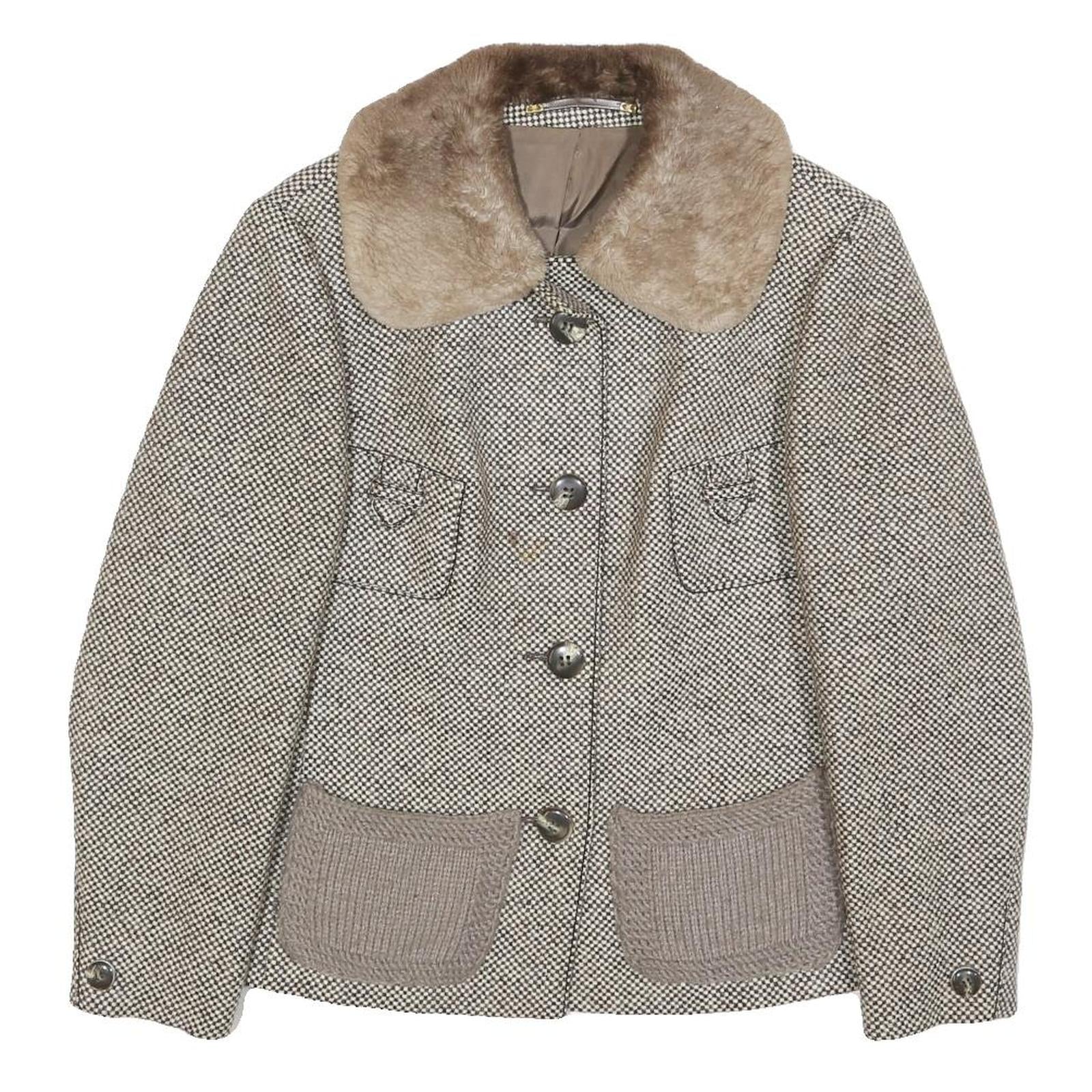 Womens Beige & Brown Wool Button Collar Jacket S Woven Tweed Classic Winter Wear